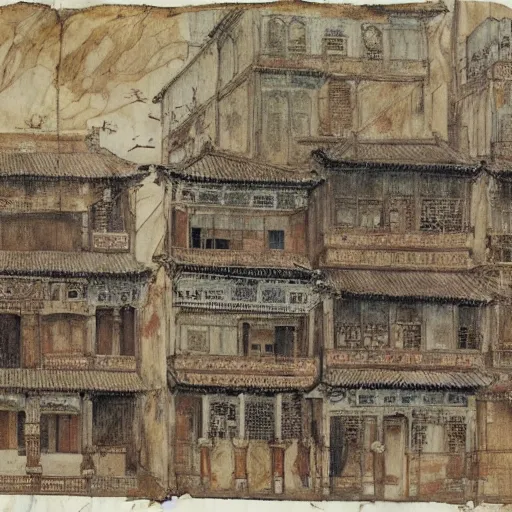 Prompt: sketches of kowloon walled city drawn by leonardo davinci on stained and crumbled paper, highly detailed, intricate, high quality scan