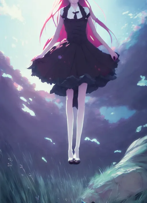 Image similar to portrait of gothic alice from wonderland, cloudy sky background lush landscape illustration concept art anime key visual trending pixiv fanbox by wlop and greg rutkowski and makoto shinkai and studio ghibli