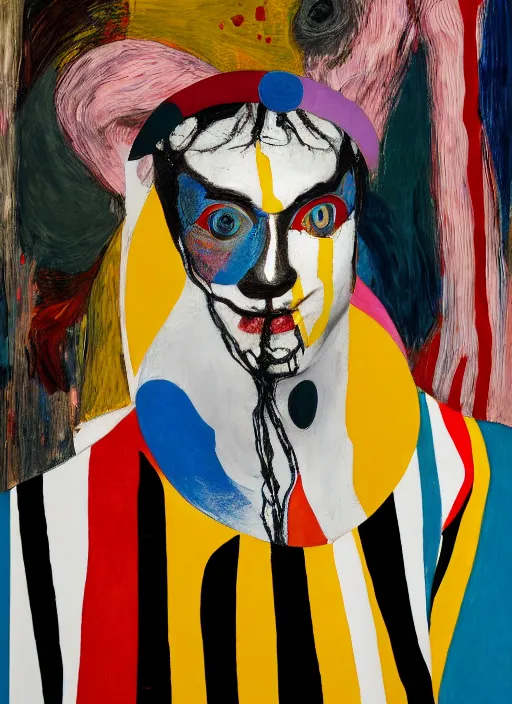 Prompt: portrait of a nervous harlequin sitting on a stool, by vincent lefevre and hernan bas and pat steir and hilma af klint, psychological, photorealistic, symmetrical face, dripping paint, washy brush, threads, rendered in octane, altermodern, masterpiece