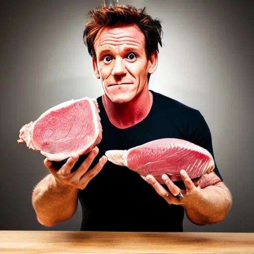 Prompt: photo of gordan ramsay holding a raw porkchop in his hand on set, highly detailed, extremely high quality, hd, 4 k, 8 k, professional photographer, 4 0 mp, lifelike, top - rated, award winning, cinematic, realistic, detailed lighting, detailed shadows, sharp, no blur, edited, corrected, trending
