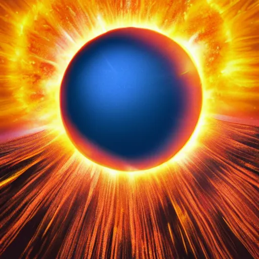 Image similar to orange and blue alien planet landscape with a solar eclipse in the sky, comic book picture