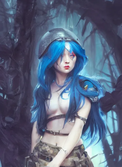 Prompt: stunningly beautiful female blue hair, dj sura face, fantasy art, military girl, army girl outfit, soldier helmet, jungle background, dark light night, sharp focus, digital painting, 8 k, concept art, art by wlop, artgerm, greg rutkowski and alphonse mucha