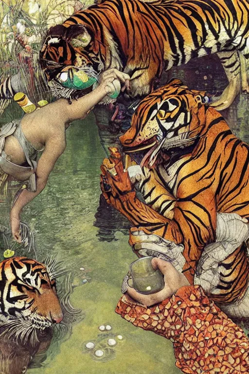 Image similar to a tiger a frog and a duck sharing a drinkby frantisek kupka, intricate, miles johnston, kuroda seiki, cynical realism, ozabu, john william godward, painterly, yoshitaka amano, moebius, miles johnston, louise zhang, james jean, mark ryden