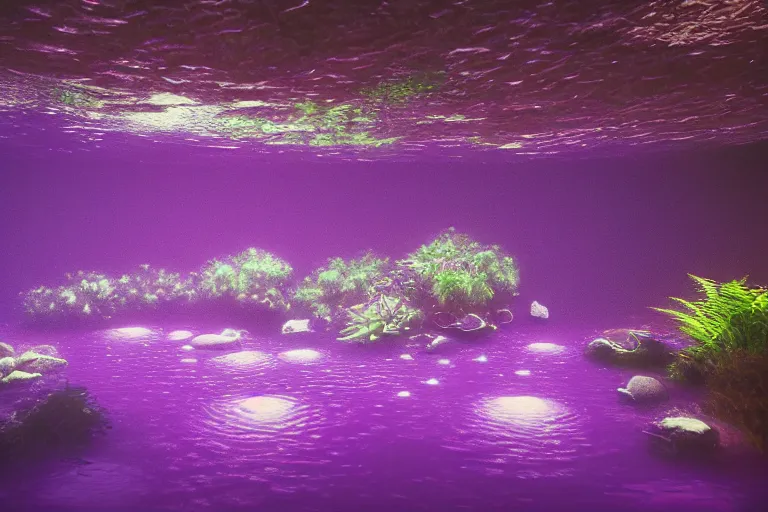 Prompt: realistic photo of purple river inside a ornated room, lofi, colorful, plants, lights coming from underwater