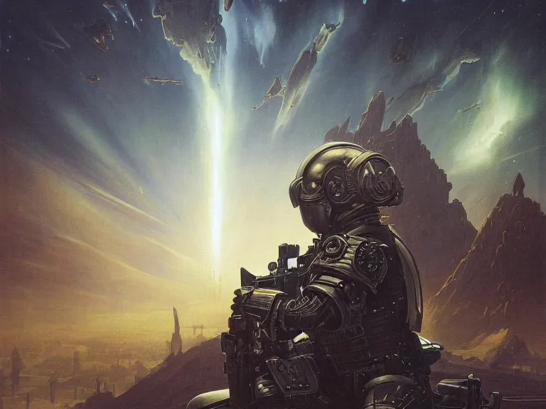 Image similar to a detailed profile painting of a bounty hunter in armour and visor, cinematic sci-fi poster. Spaceship high in the background. Flight suit, anatomy portrait symmetrical and science fiction theme with lightning, aurora lighting clouds and stars. Clean and minimal design by beksinski carl spitzweg and tuomas korpi. baroque elements. baroque element. intricate artwork by caravaggio. Oil painting. Trending on artstation. 8k