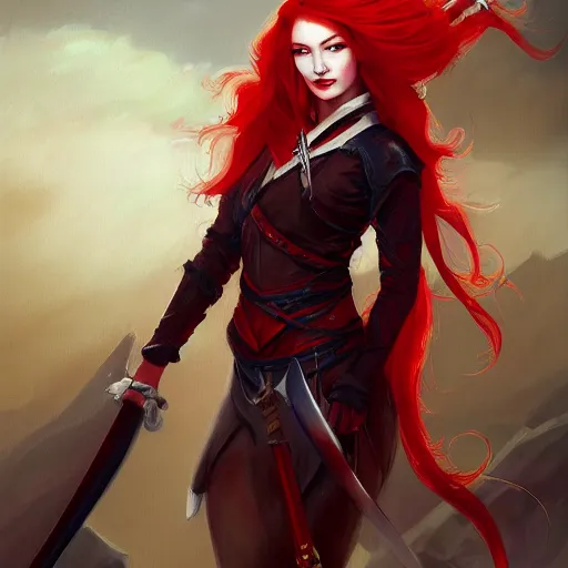 Image similar to a painting of a woman with red hair holding a sword, a digital painting by Yun-Fei Ji, deviantart contest winner, fantasy art, detailed painting, artstation hd, concept art