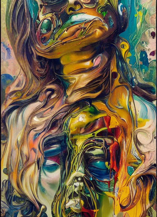 Image similar to abstract expressionism oil painting intertwined with a mutant biomorphic posthuman human head, spray paint texture, drips, impasto paint, 3 d graffiti texture, brushstrokes, abstract, highly detailed, hyperealistic fresh paint, harmonious, chaotic, colorfull, in the style of alphonse mucha