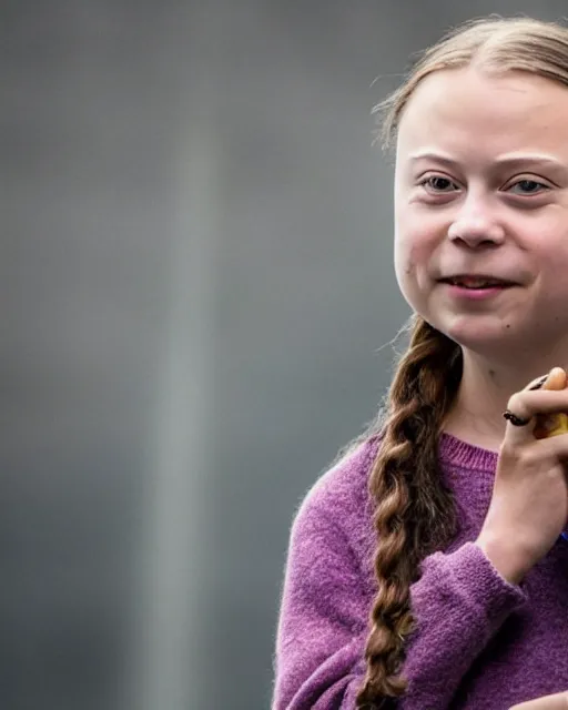 Prompt: film still close - up shot of greta thunberg giving a speech in a train station eating raw meat smiling its. photographic, photography