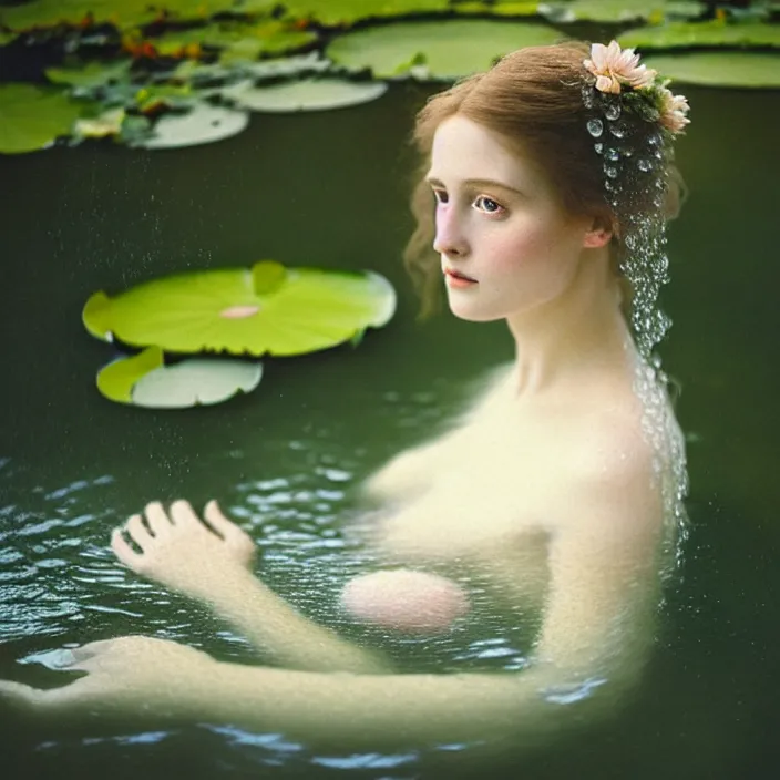 Prompt: Kodak Portra 400, 8K, soft light, volumetric lighting, highly detailed, britt marling style 3/4 ,portrait photo of a beautiful woman how pre-Raphaelites painter, the face emerges from the water of a pond with water lilies, half face and hair are immersed in water, a beautiful lace dress and hair are intricate with highly detailed realistic beautiful flowers , Realistic, Refined, Highly Detailed, natural outdoor soft pastel lighting colors scheme, outdoor fine art photography, Hyper realistic, photo realistic