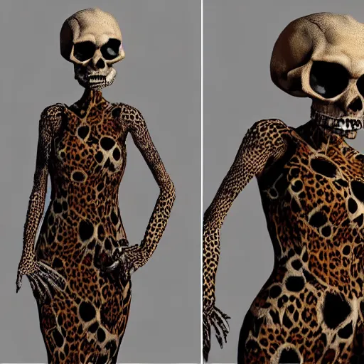 Image similar to Skull that look too much like skull!, an 8k CG character rendering of a spider-like hunting female on its back, fangs extended, wearing a leopard-patterned dress, set against a white background, with textured hair and skin.