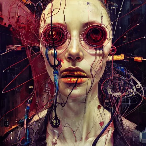 Image similar to woman cyberpunk hacker dream theief, wires cybernetic implants, in the style of adrian ghenie, esao andrews, jenny saville,, surrealism, dark art by james jean, takato yamamoto