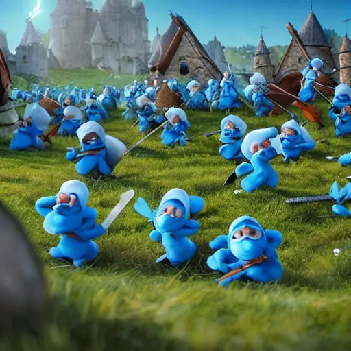 Prompt: thousands of smurfs with medieval weapons battling on an epic battlefield with medieval, moon shining golden light, miniaturecore, supremely digital, medieval, pixar render, super detailed, outstanding detail, dreamlike lighting, god rays