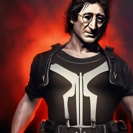 Image similar to john lennon as frank castle the punisher, ultra realistic, concept art, intricate details, highly detailed, photorealistic, octane render, 8 k, unreal engine, art by frank frazetta, simon bisley, brom