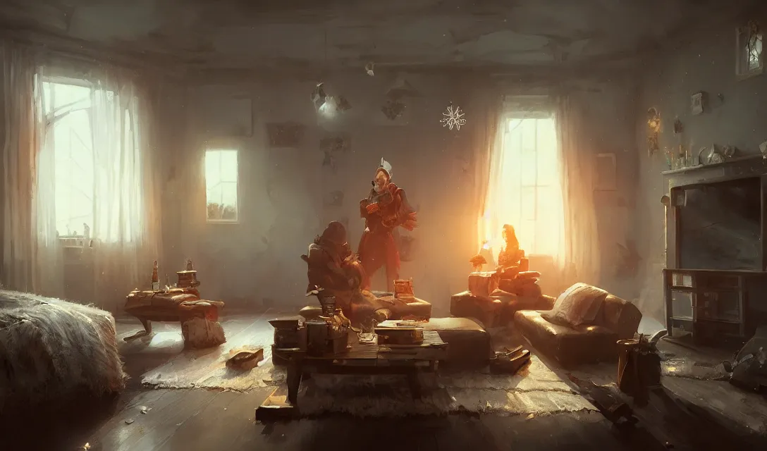 Image similar to a christmas eve photorealistic painting, cozy home, interior, sci - fi, wlop, concept art, octane render, deviantart, greg rutkowski, cinematic, key art, hyperrealism