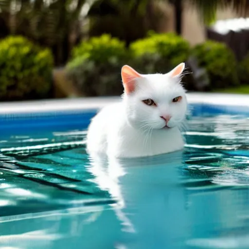 Prompt: white cat on a float in the pool