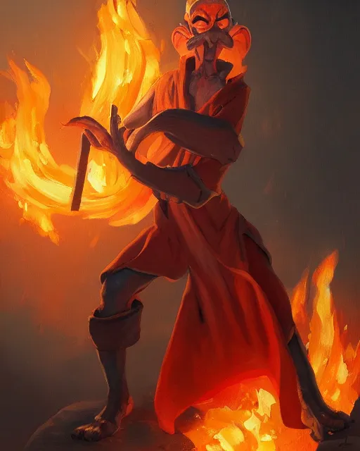 Image similar to [ squidward ] wearing fire nation clothing and practicing firebendingoutside at susnset, oil painting, highly detailed, intricate, hd, sharp focus, photorealistic, by moebius and greg rutkowski, trending on artstation, trending on cgsociety, realistic shading and lighting