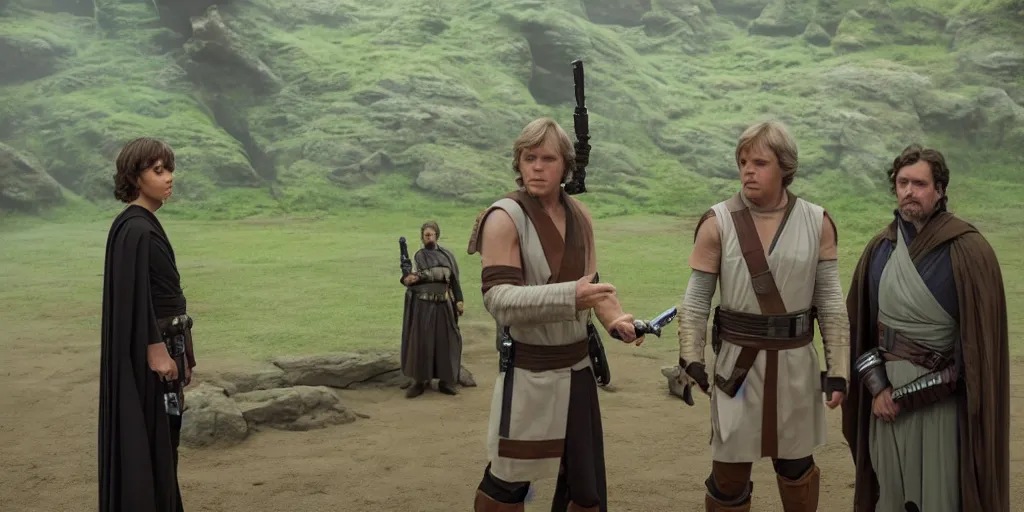 Image similar to Luke Skywalker teaches Grogu at Jedi Temple scene from the Mandalorian 2022, serene, iconic scene, stunning cinematography, anamorphic lenses, kodak film