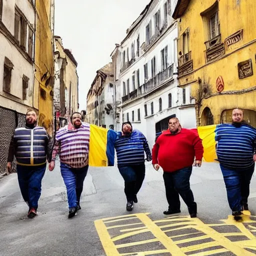 Prompt: a group of obese men walking through a street, the romanian flag is in the background in the sky, hyper realistic, very detailed.