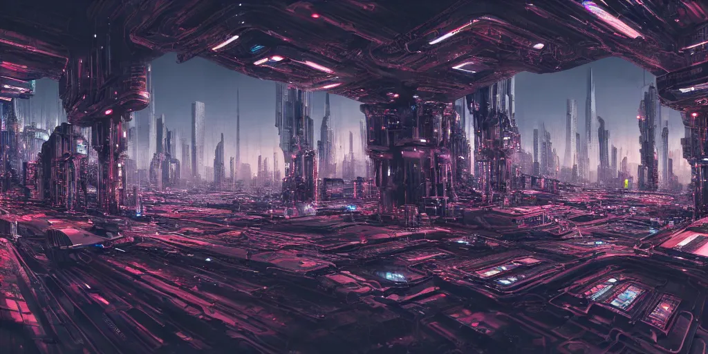 Image similar to a landscape view of a cybernetic cathedral overlooking an higway of data, cyberpunk, beautiful detailed, cinematic, strong lighting, hi - fructose art magazine, photorealistic, 8 k