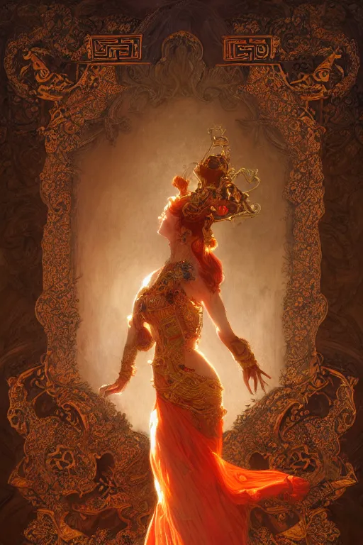 Image similar to tarot card artstation, portrait of an irish love dancer, sunrise, baroque ornamnet and rococo ornament, ancient chinese ornate, hyperdetailed, beautiful lighting, craig mullins, mucha, klimt, yoshitaka amano, red and gold and orange color palatte