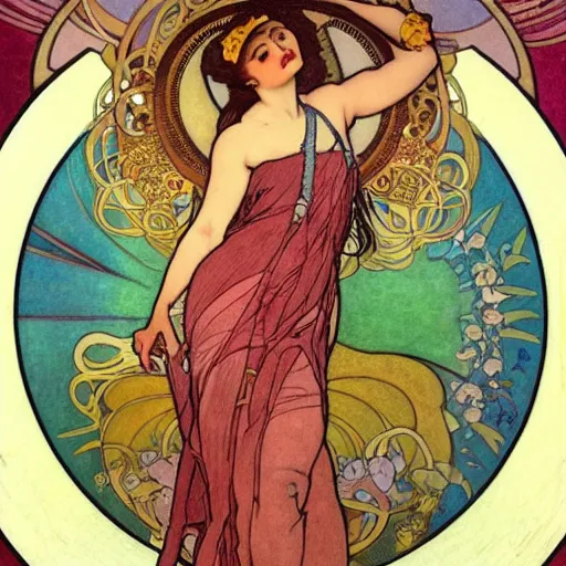 Prompt: The Goddess of Art, in the style of Octavia Ocampo, Mucha, Kandinsky