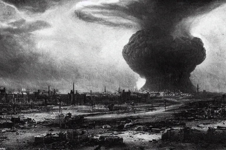 Prompt: nuclear explosion in a destroyed city during a thunderstorm, pictorialism, desolate