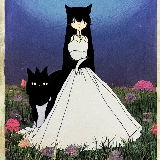 Image similar to a black cat wearing a white wedding dress, Miyazaki, studio ghibli