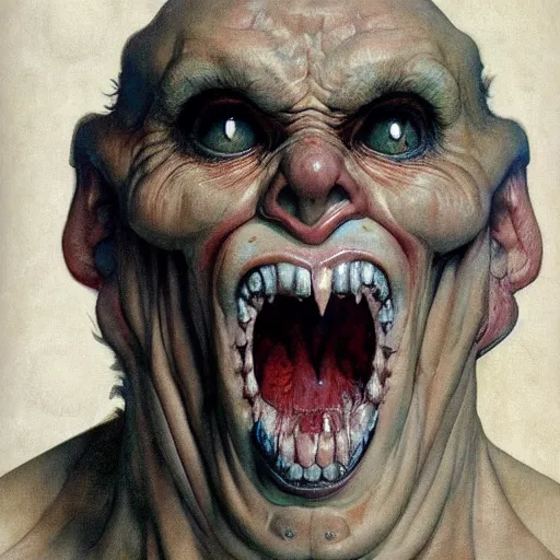 Prompt: photoreal upper body portrait of a bloated demonic man, by norman rockwell and boris vallejo, artstation, horror, concept creature character art