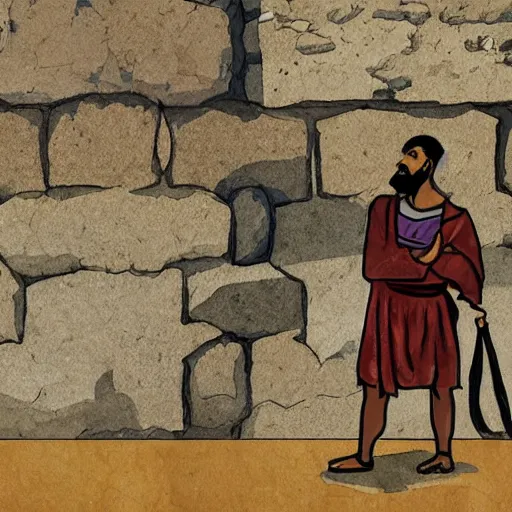 Prompt: award winning cinematic still of 40 year old Mediterranean skinned man in ancient Canaanite clothing building a broken wall in Jerusalem, ink and color watercolor in the style of a 2022 modern illustration