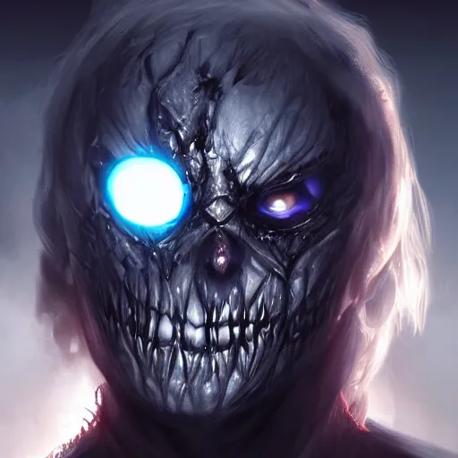 Image similar to photorealistic dark fantasy concept art of nightmare sans with his eye glowing, dynamic lighting, stunning visuals, ray tracing, beautiful scenery, cinematic, full body portrait, ultra detailed, hyper detail, stunning detail