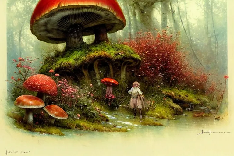 Image similar to adventurer ( ( ( ( ( 1 9 5 0 s retro future forrest of giant mushrooms, moss and flowers, stream with bridge. muted colors. ) ) ) ) ) by jean baptiste monge!!!!!!!!!!!!!!!!!!!!!!!!! chrome red