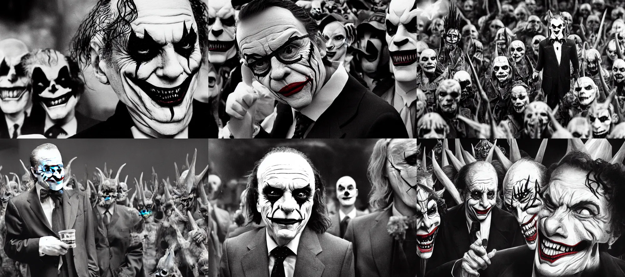 Prompt: Rupert Murdoch as the Joker standing in front of his satanic army in hell, photo realistic, 35mm photograph, depth of field