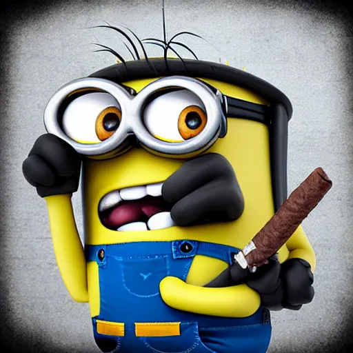 Image similar to brutal minion with cigar in mouth, holding shotgun