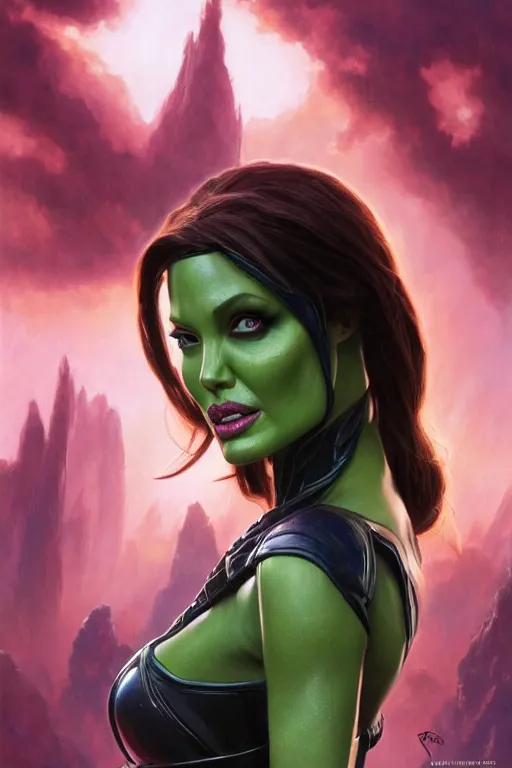 Prompt: angelina jolie as gamora, detailed, 8 k, trending on artstation, smooth, sharp focus artwork by mark arian, artgerm, mark keathley, greg rutkowski and alphonse mucha