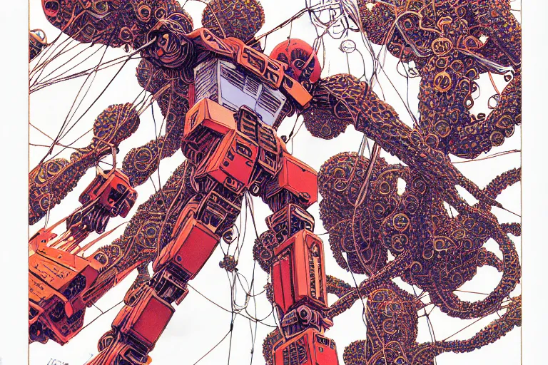 Image similar to risograph grainy drawing vintage sci - fi, satoshi kon color palette, gigantic gundam full - body covered with human bodies and wires, with lot tentacles, vermilion color, codex seraphinianus painting by moebius and satoshi kon and dirk dzimirsky close - up portrait