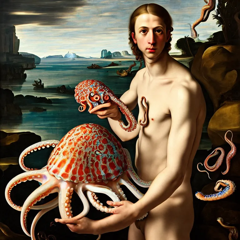 Prompt: young white man standing in a shell, holding a squid, octopus, sea in the background, beautiful baroque portrait painting, psychedelic, trippy, hallucination, dream, beautiful detailed intricate insanely detailed octane render trending on Artstation, 8K artistic photography, photorealistic, chiaroscuro, Raphael, Caravaggio,