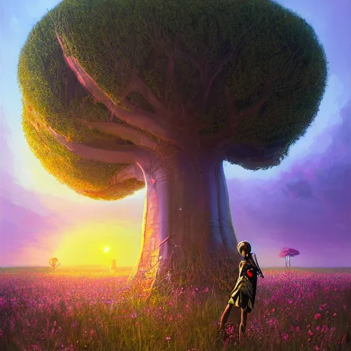 Image similar to an african cyberpunk hacker girl with her headset plugged into a giant glowing baobab tree in the middle of a field of flowers at sunset, by greg rutkowski and android jones in a surreal cyberpunk! style, oil on canvas, 8k hd,