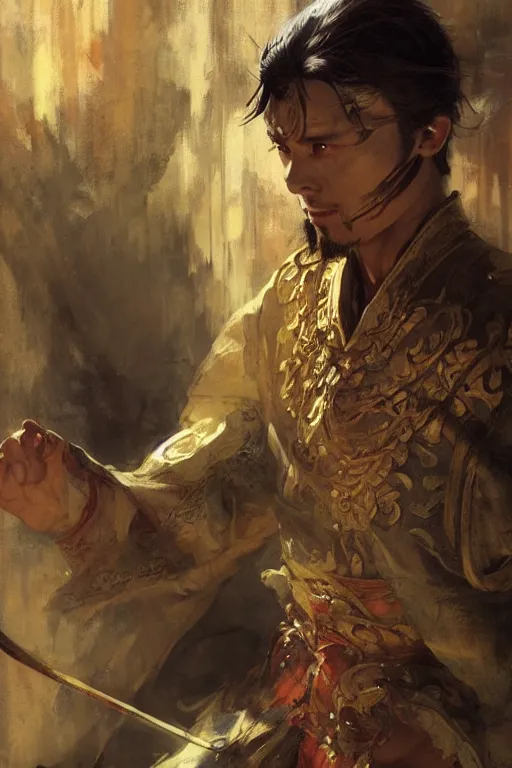 Image similar to attractive man, character design, wuxia, colorful, painting by gaston bussiere, craig mullins, greg rutkowski, j. c. leyendecker