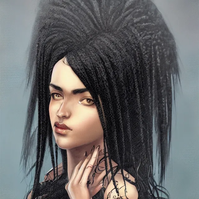 Image similar to happy birthday black hair girl, portrait of a black hair girl with empty eyes, cover of a fantasy book by Neil Gaiman, trending on artstation, 8k, highly detailed