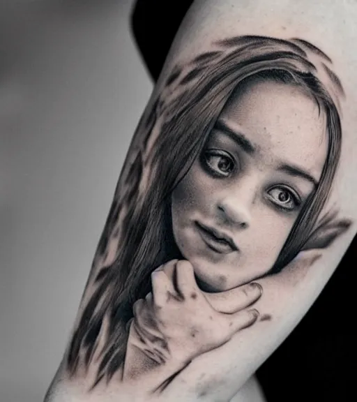 Image similar to a beautiful girl portrait, faded mountain background, realism tattoo, in the style of den yakovlev, black and white, hyper realistic, highly detailed