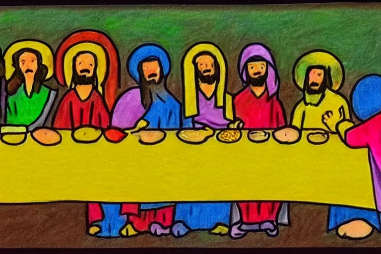 Prompt: Kids crayon drawing of the last supper