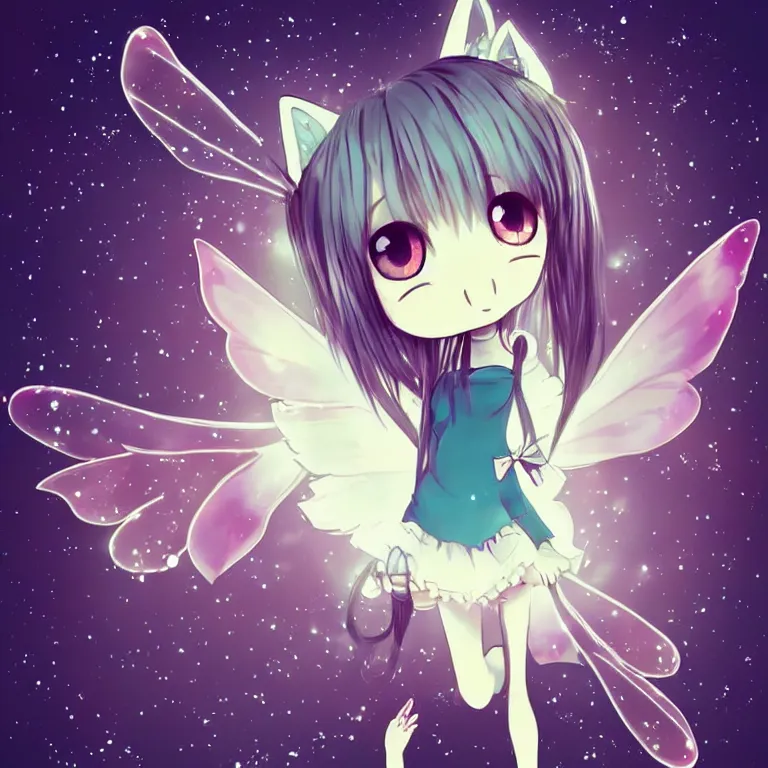 Image similar to cute, full body, female, anime style, a cat girl with fairy wings, large eyes, beautiful lighting, sharp focus, simple background, creative, heart effects, filters applied, illustration