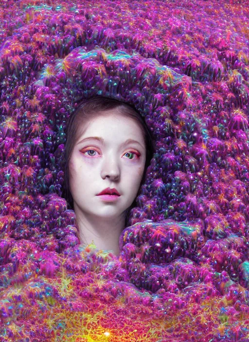 Image similar to hyper detailed 3d render like a Oil painting - kawaii portrait Aurora (serious hacker girl Singer) seen Eating of the Strangling network of yellowcake aerochrome and milky Fruit and Her delicate Hands hold of gossamer polyp blossoms bring iridescent fungal flowers whose spores black the foolish stars by Jacek Yerka, Mariusz Lewandowski, Houdini algorithmic generative render, Abstract brush strokes, Masterpiece, Edward Hopper and James Gilleard, Zdzislaw Beksinski, Mark Ryden, Wolfgang Lettl, hints of Yayoi Kasuma, octane render, 8k