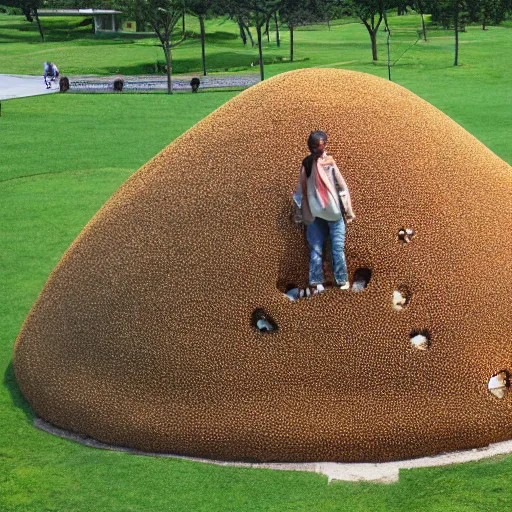 Image similar to a giant anthill in the shape of a school with ants going in and out of it wearing backpacks