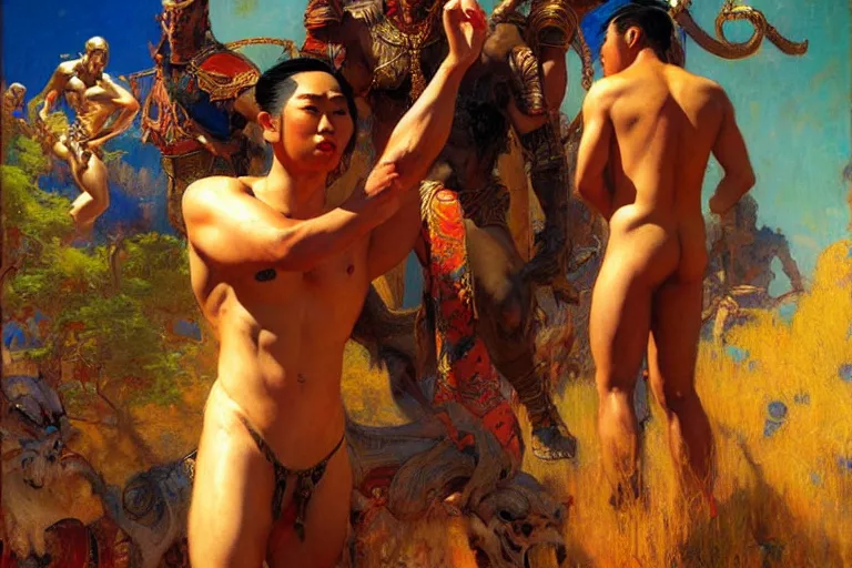 Prompt: asian mythology, painting by gaston bussiere, craig mullins, j. c. leyendecker, tom of finland