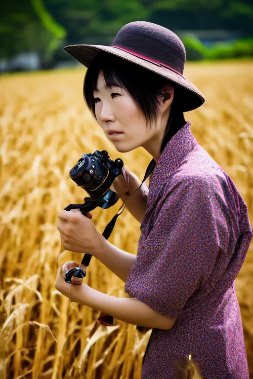 Image similar to japanesse farmer, cinematic view, bokeh, extreme detailed, hyperrealism, vogue photo style, proffesional photographer style, proportional, dynamic composition, face features, comfort posse, smooth, sharp focus, body features, ultra realistic, award winning photo, captured by nikon d 8 5 0, 4 5. 7 mp lens, 4 k, full body.