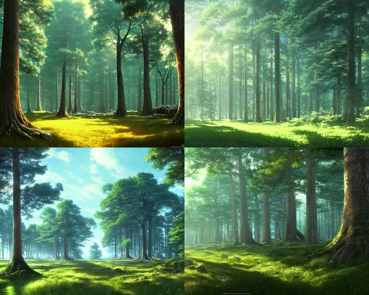 Prompt: Forest of endless trees with ancient ruins, photorealistic digital art by Makoto Shinkai and Ivan Shishkin, oil on canvas, pixiv wallpaper