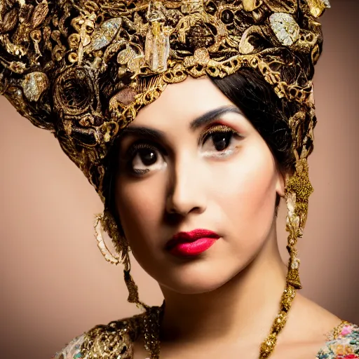 Image similar to medium shot 3 / 4 portrait of a lavish woman of society, embellished attire with woven flourishes, learned gaze in the eyes, bokeh, light from top right, diverse textures