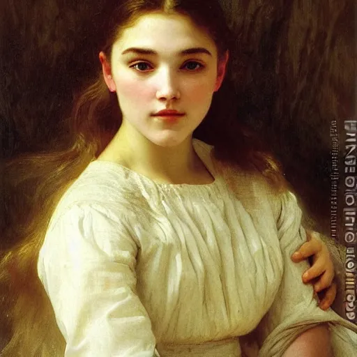 Prompt: Portrait of Florence Pugh, by William Adolphe Bouguereau, John Singer Sargent, Vermeer, serene