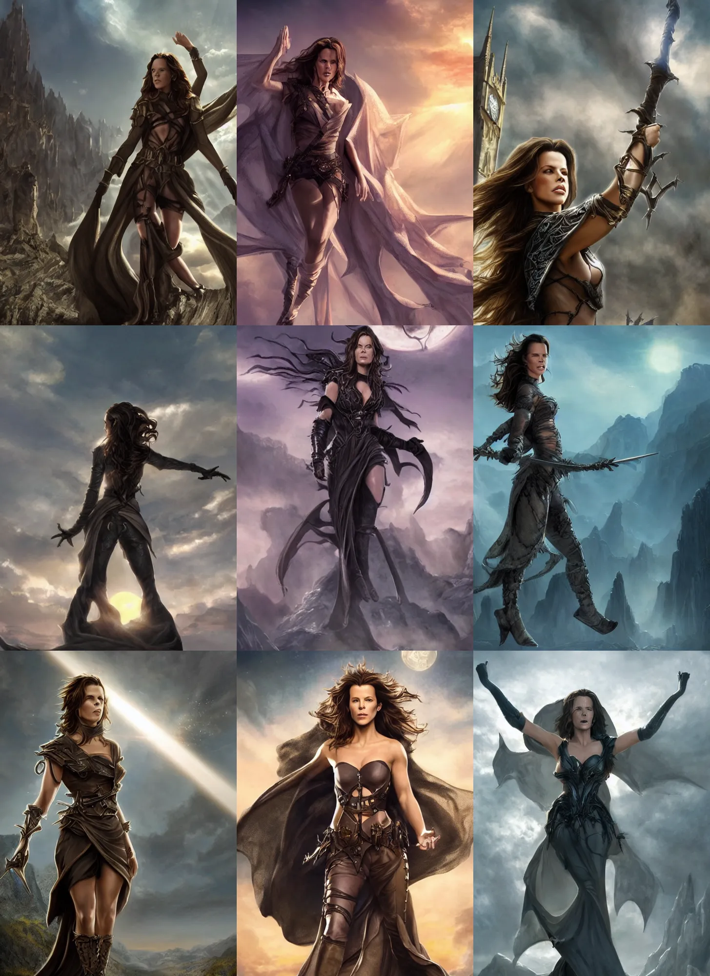 Prompt: kate beckinsale as dnd thief starring at the sky, with arms up, praying at the sun, gorgeous female, matte painting, fantasy art